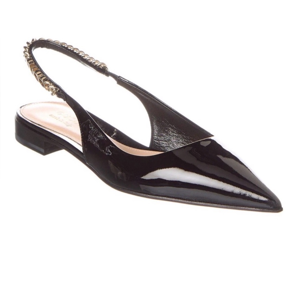 GUCCI SIGNORIA FLAT SLING Black Patent Leather Monogram Chain GG  37 7